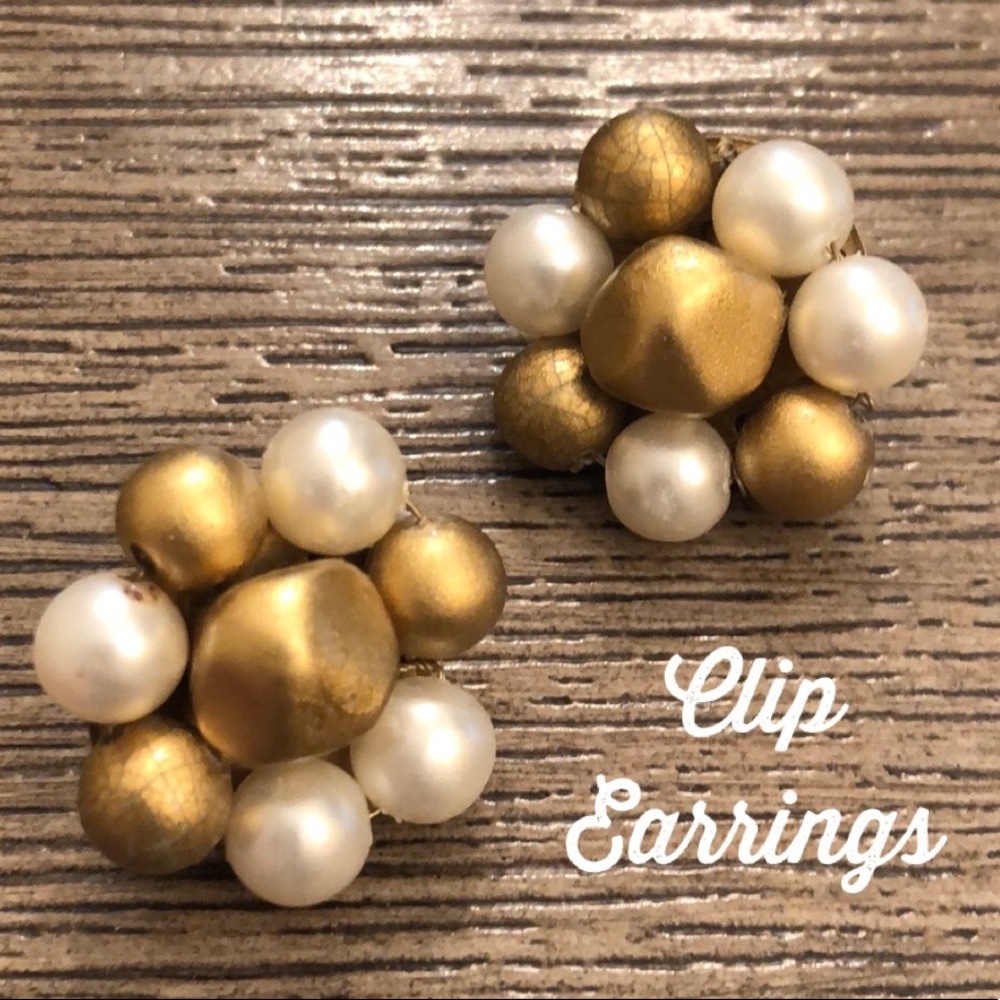 Vintage Pearl & Gold Bead Cluster Clip Earrings